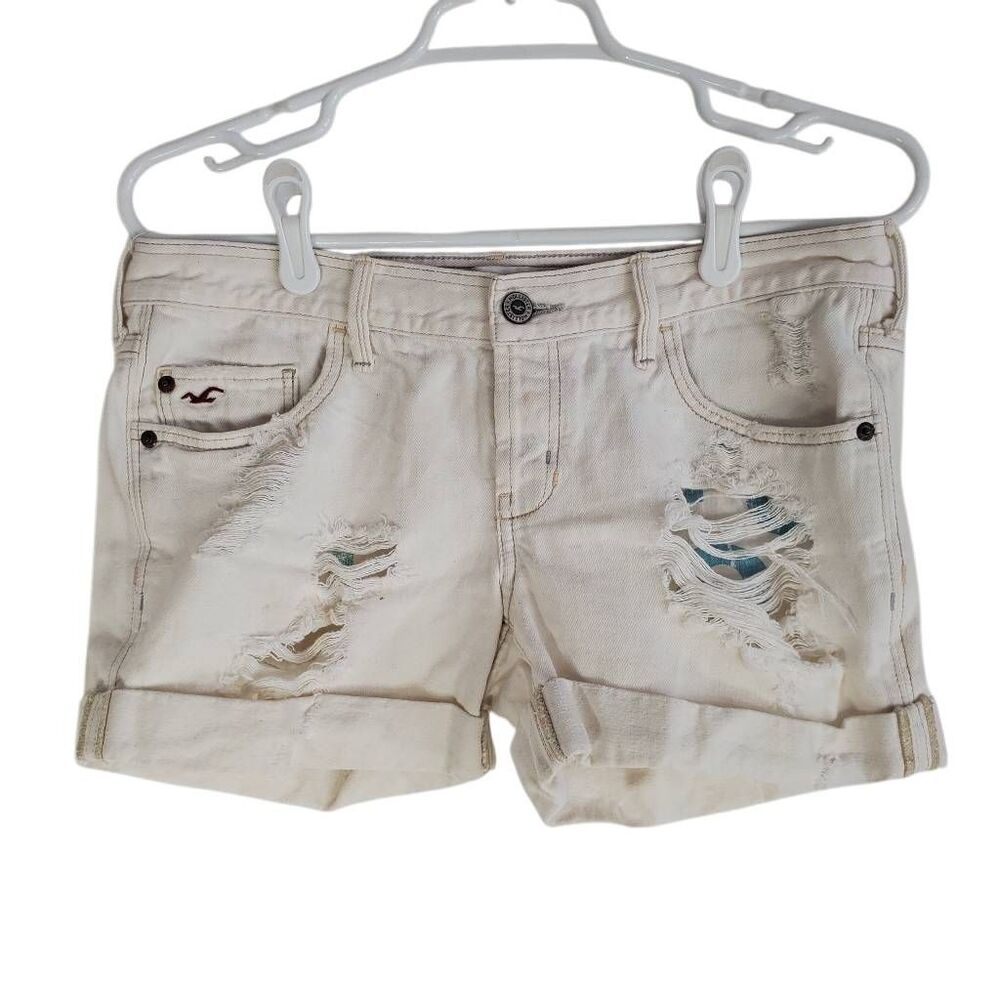 Hollister Low Rise Distressed Cuffed Hem Button Fly Shortie Cream White Sz 3/26
